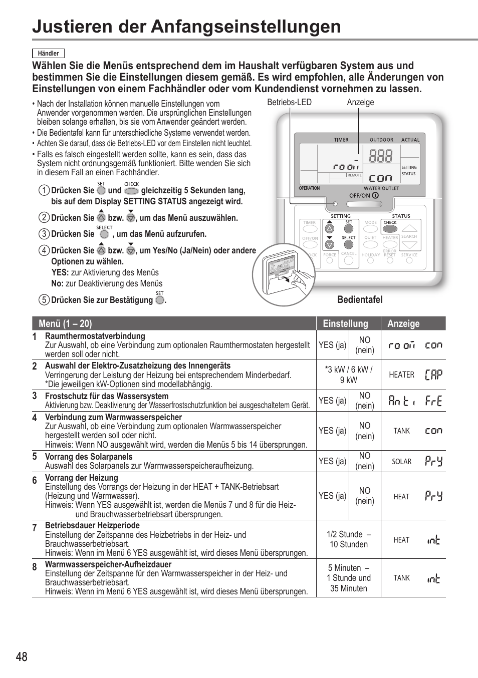 Justieren der anfangseinstellungen | Panasonic WHUH12FE5 User Manual | Page 48 / 100