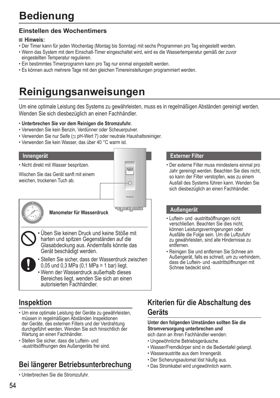 Reinigungsanweisungen, Bedienung, Inspektion | Bei längerer betriebsunterbrechung, Kriterien für die abschaltung des geräts | Panasonic WHUH12FE5 User Manual | Page 54 / 100