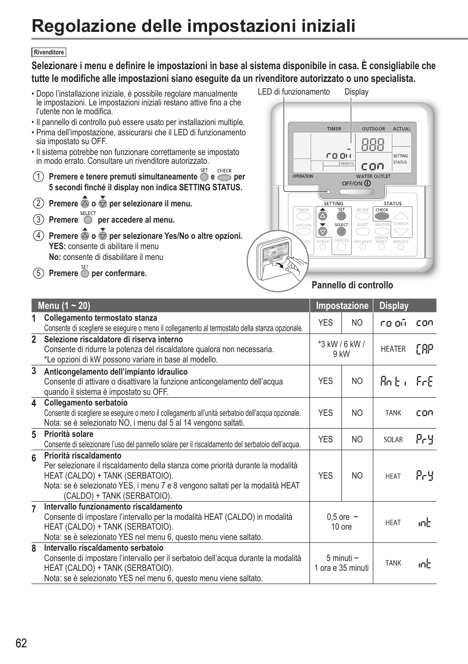 Regolazione delle impostazioni iniziali | Panasonic WHUH12FE5 User Manual | Page 62 / 100