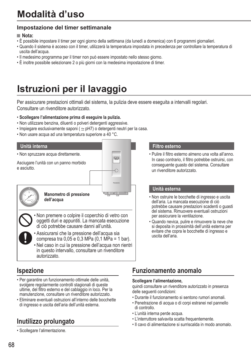 Istruzioni per il lavaggio, Modalità d’uso, Ispezione | Inutilizzo prolungato, Funzionamento anomalo | Panasonic WHUH12FE5 User Manual | Page 68 / 100