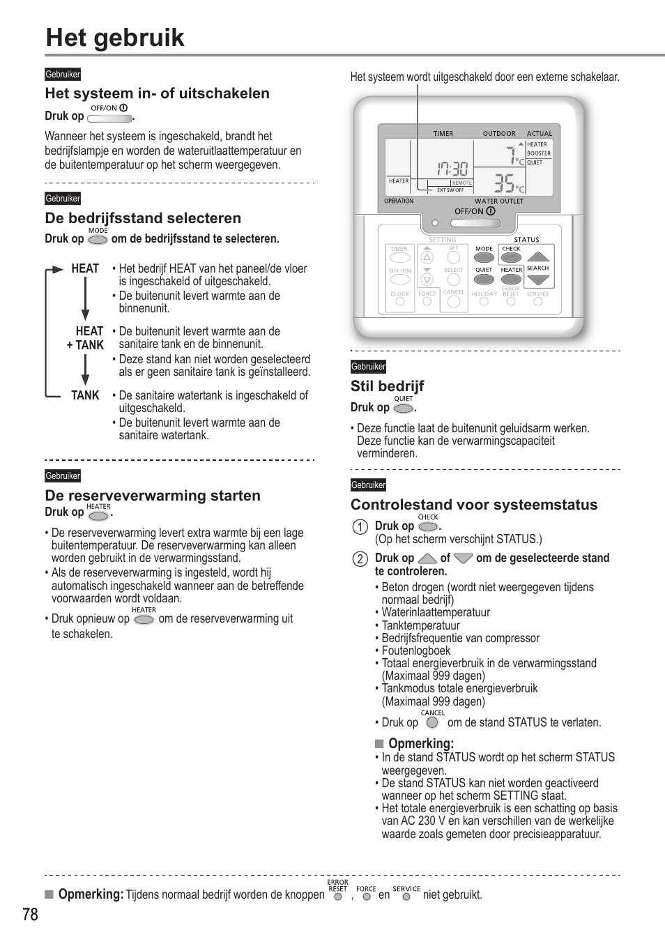 Het gebruik | Panasonic WHUH12FE5 User Manual | Page 78 / 100