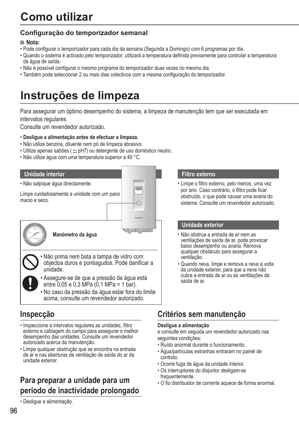 Instruções de limpeza, Como utilizar, Inspecção | Critérios sem manutenção | Panasonic WHUH12FE5 User Manual | Page 96 / 100