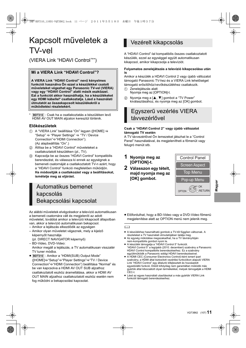 Kapcsolt műveletek a tv-vel, Viera link “hdavi control | Panasonic DMPBDT310EG User Manual | Page 107 / 136