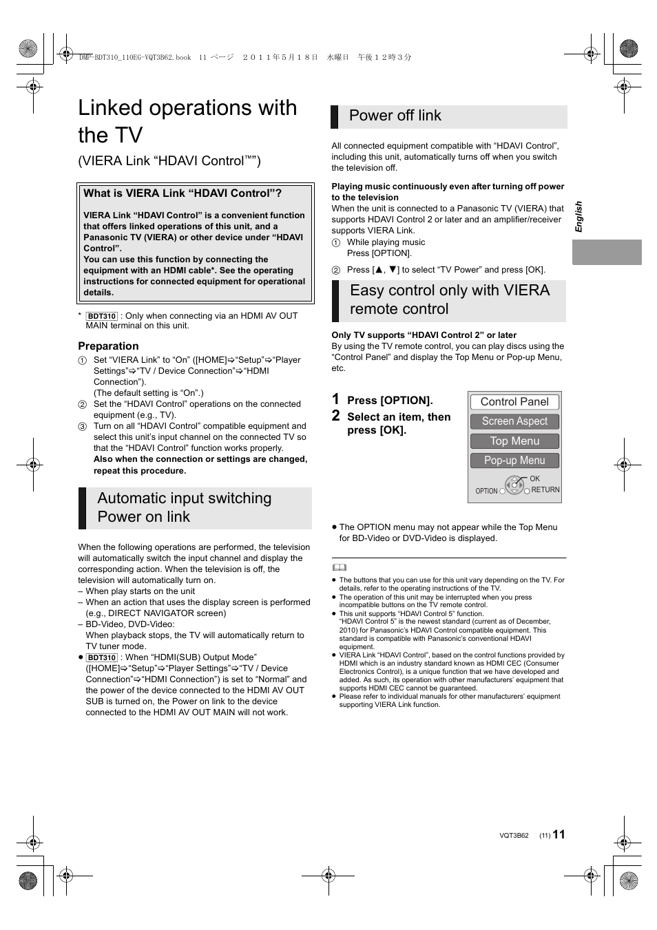 Linked operations with the tv, Viera link “hdavi control | Panasonic DMPBDT310EG User Manual | Page 11 / 136