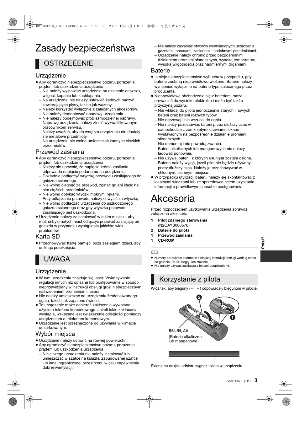 Zasady bezpieczeństwa, Akcesoria, Ostrzeëenie uwaga | Korzystanie z pilota, Urządzenie, Przewód zasilania, Karta sd, Wybór miejsca, Baterie | Panasonic DMPBDT310EG User Manual | Page 111 / 136
