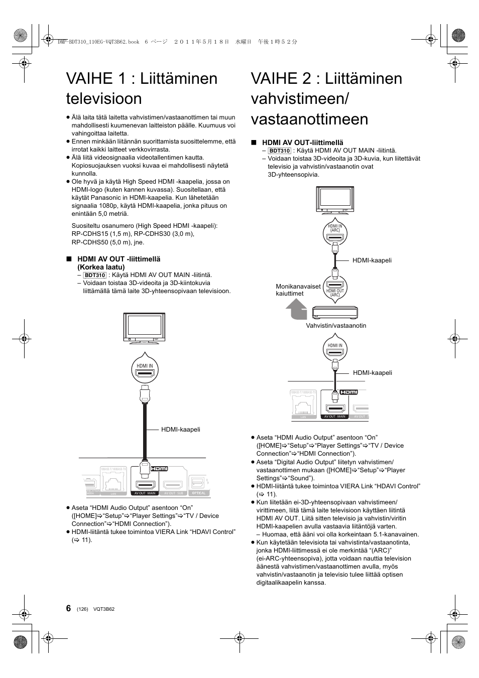 Vaihe 1 : liittäminen televisioon | Panasonic DMPBDT310EG User Manual | Page 126 / 136