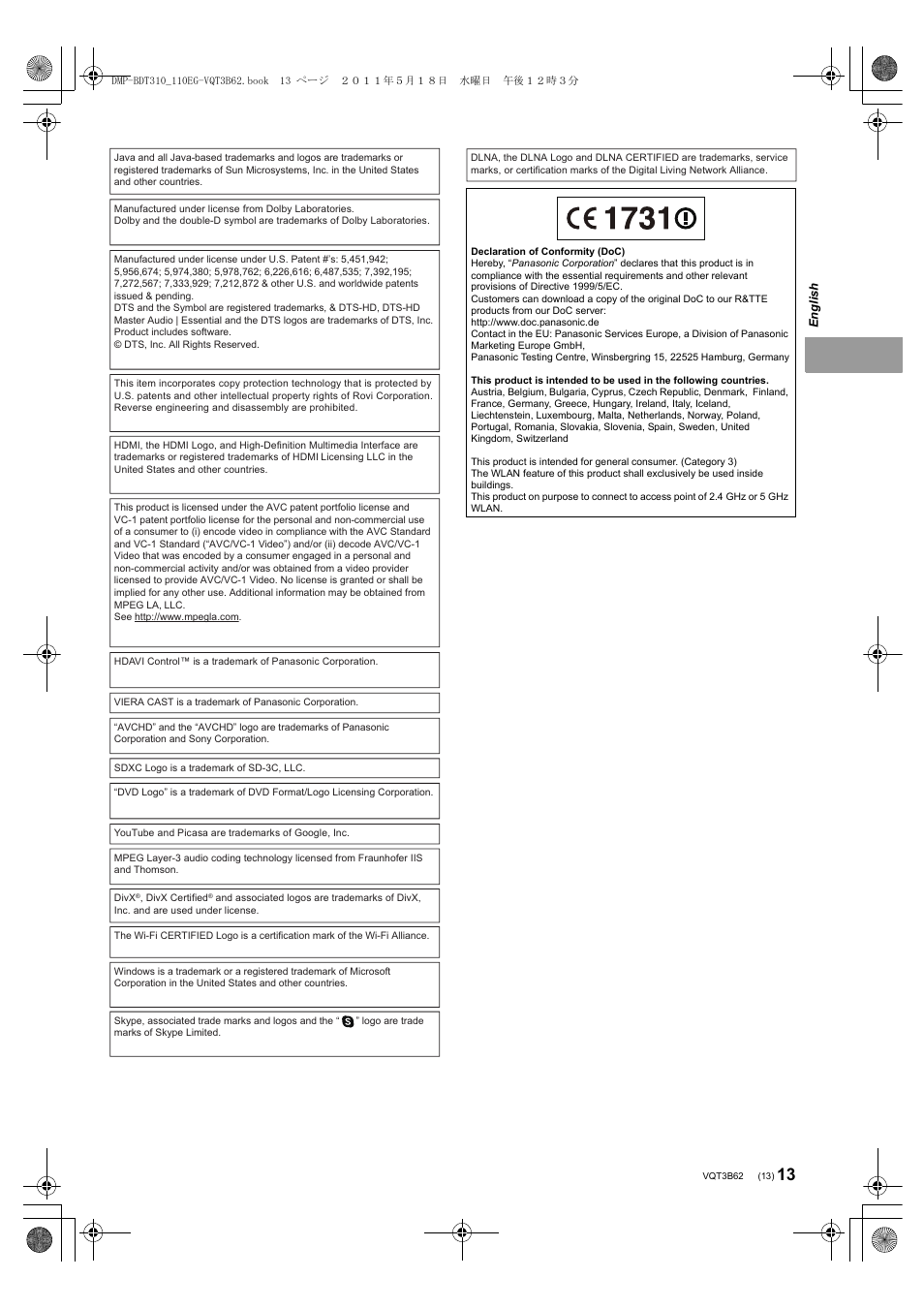 Panasonic DMPBDT310EG User Manual | Page 13 / 136