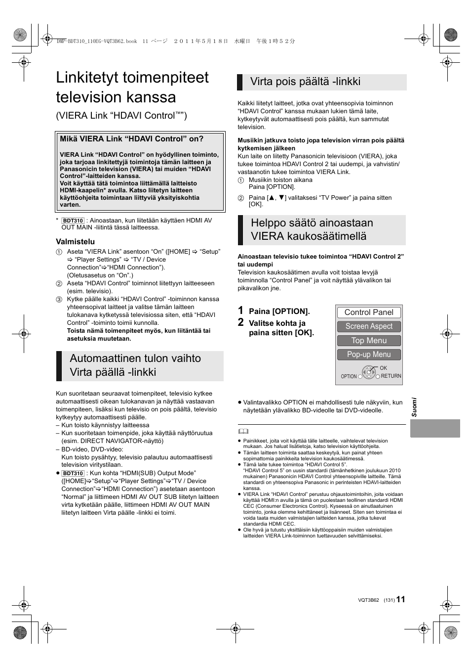 Linkitetyt toimenpiteet television kanssa, Viera link “hdavi control | Panasonic DMPBDT310EG User Manual | Page 131 / 136