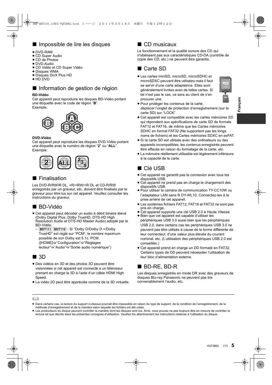 Impossible de lire les disques, Information de gestion de région, Finalisation | Bd-vidéo, Cd musicaux, Carte sd, Clé usb, Bd-re, bd-r | Panasonic DMPBDT310EG User Manual | Page 17 / 136