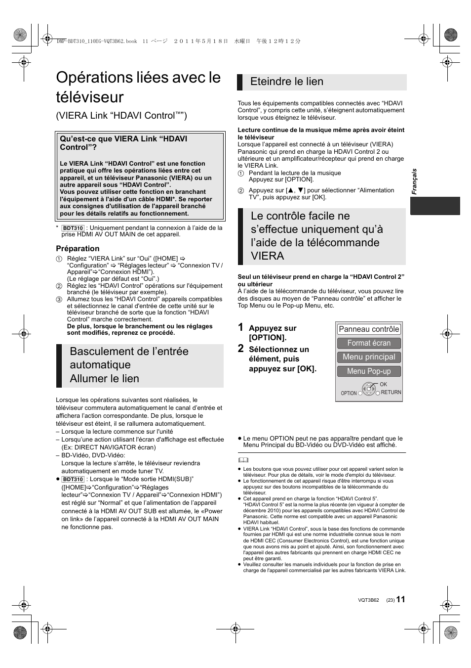 Opérations liées avec le téléviseur, Viera link “hdavi control | Panasonic DMPBDT310EG User Manual | Page 23 / 136