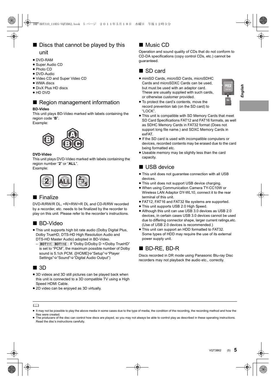 Discs that cannot be played by this unit, Region management information, Finalize | Bd-video, Music cd, Sd card, Usb device, Bd-re, bd-r | Panasonic DMPBDT310EG User Manual | Page 5 / 136