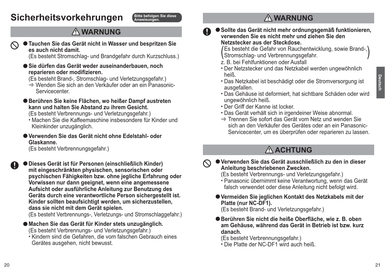 Sicherheitsvorkehrungen, Warnung, Achtung | Panasonic NCZF1 User Manual | Page 11 / 44