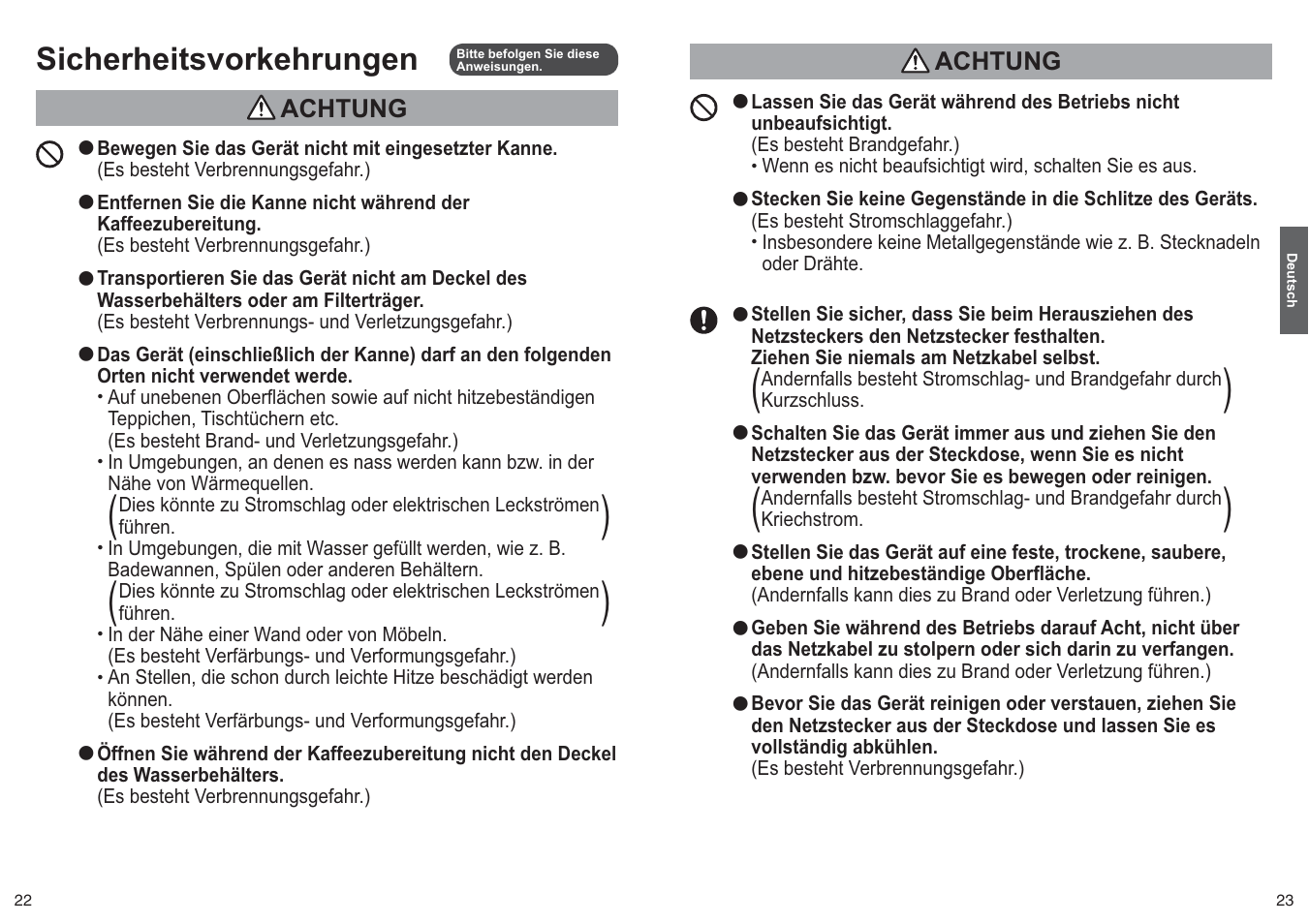 Sicherheitsvorkehrungen, Achtung | Panasonic NCZF1 User Manual | Page 12 / 44