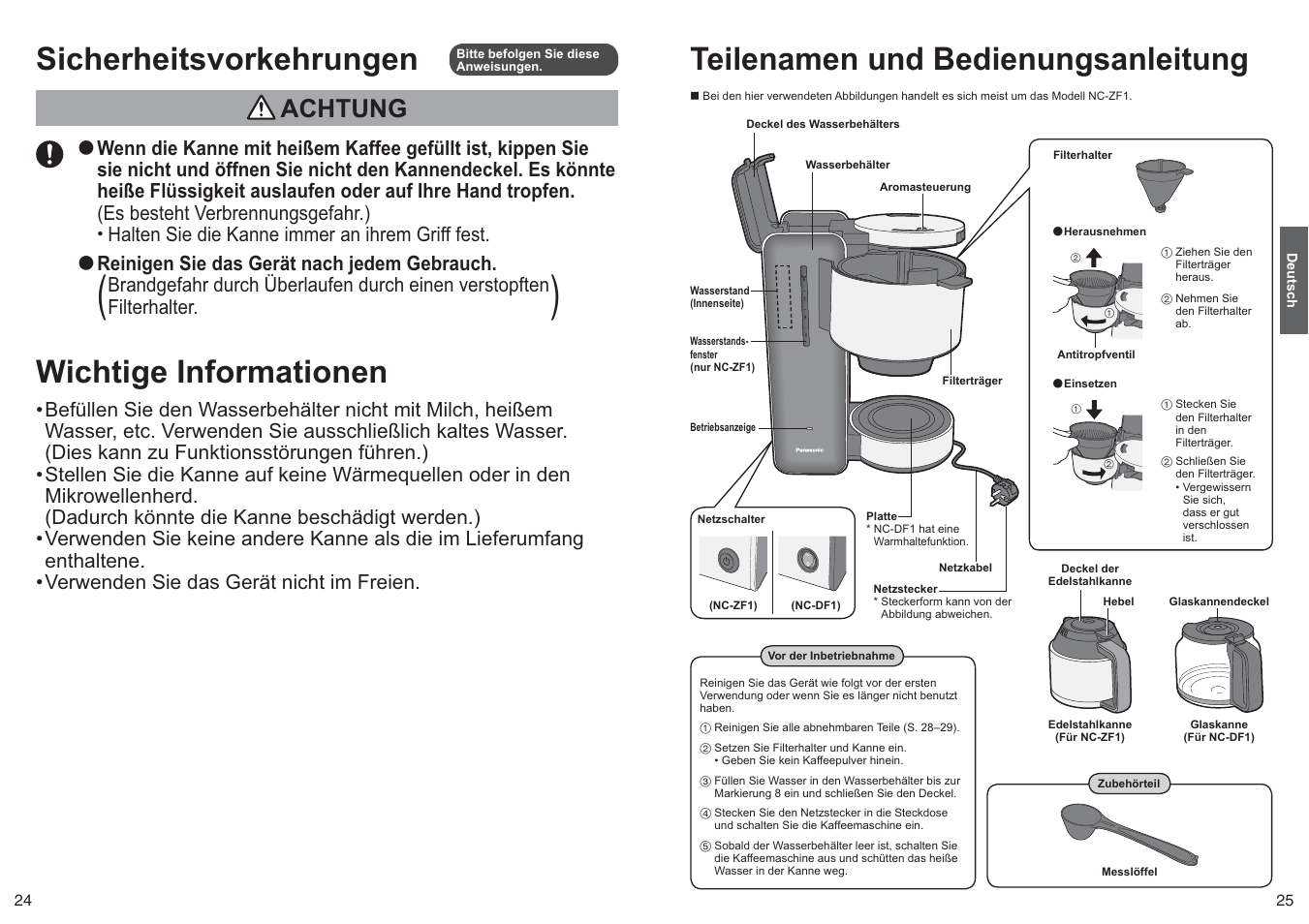 Sicherheitsvorkehrungen, Wichtige informationen, Teilenamen und bedienungsanleitung | Achtung | Panasonic NCZF1 User Manual | Page 13 / 44