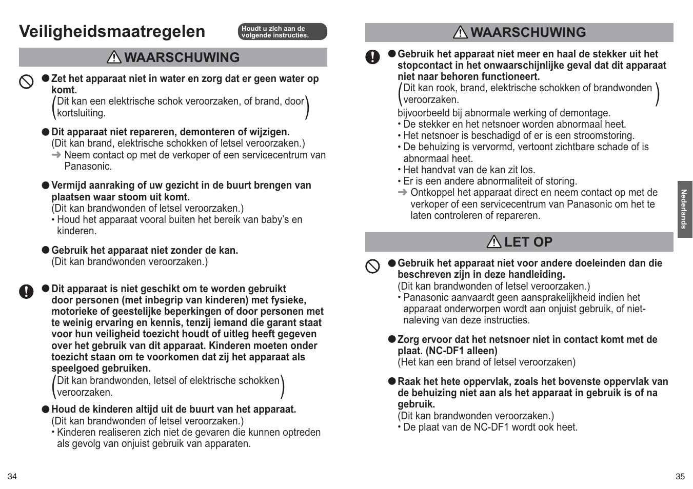 Veiligheidsmaatregelen, Waarschuwing, Let op | Panasonic NCZF1 User Manual | Page 18 / 44