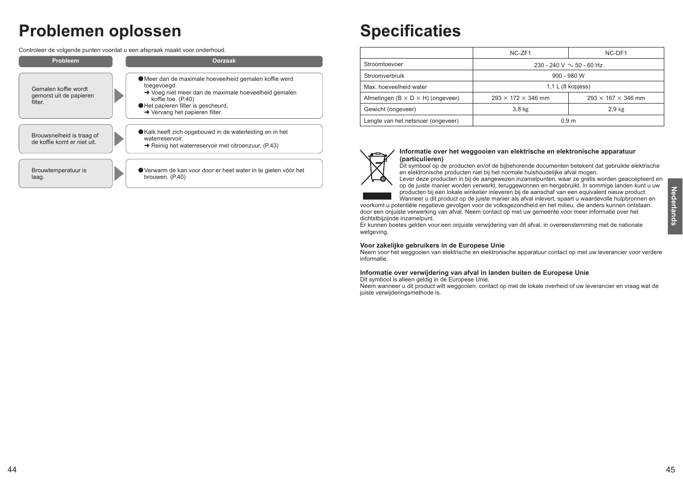 Problemen oplossen, Specificaties | Panasonic NCZF1 User Manual | Page 23 / 44