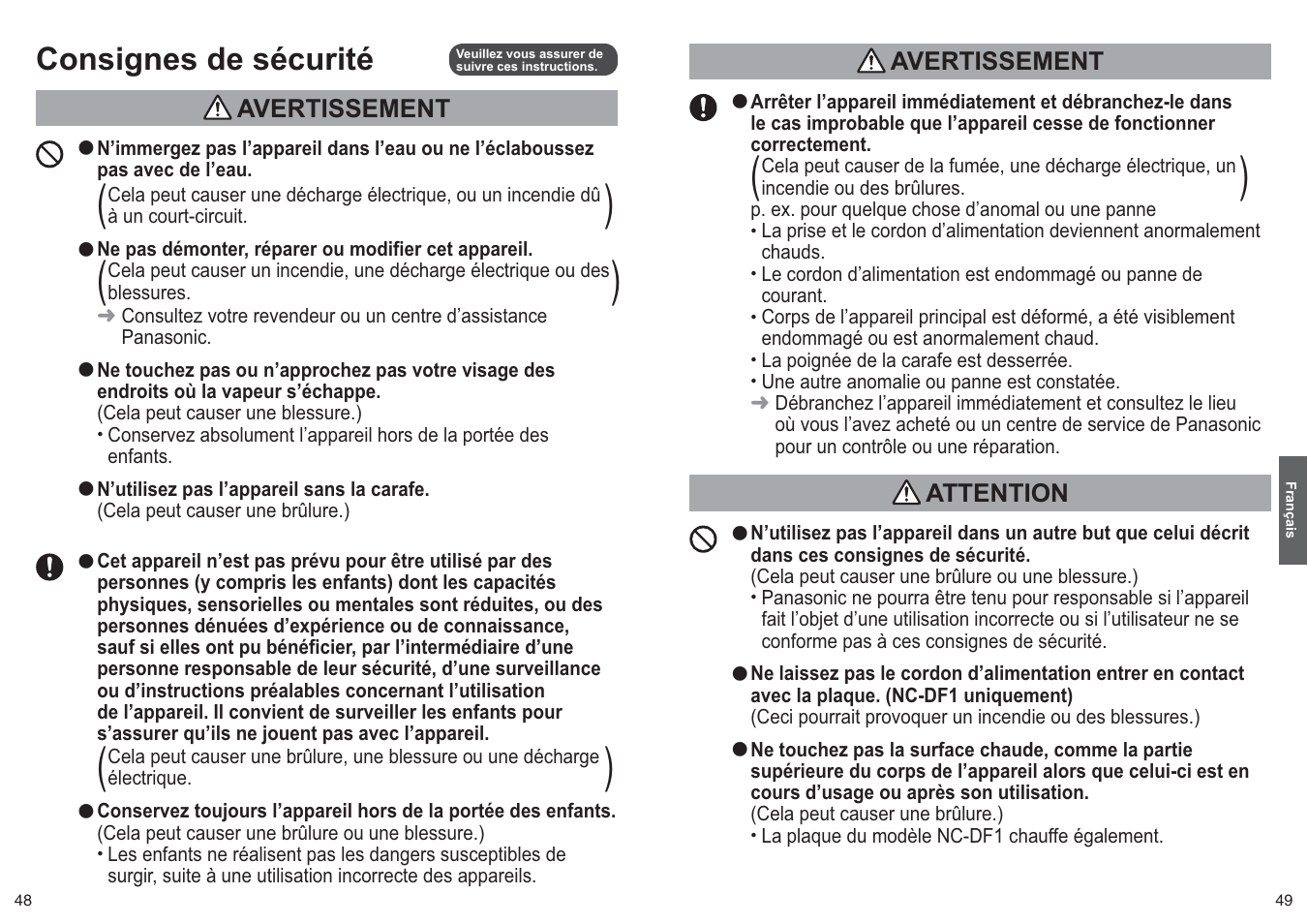 Consignes de sécurité, Avertissement, Attention | Panasonic NCZF1 User Manual | Page 25 / 44