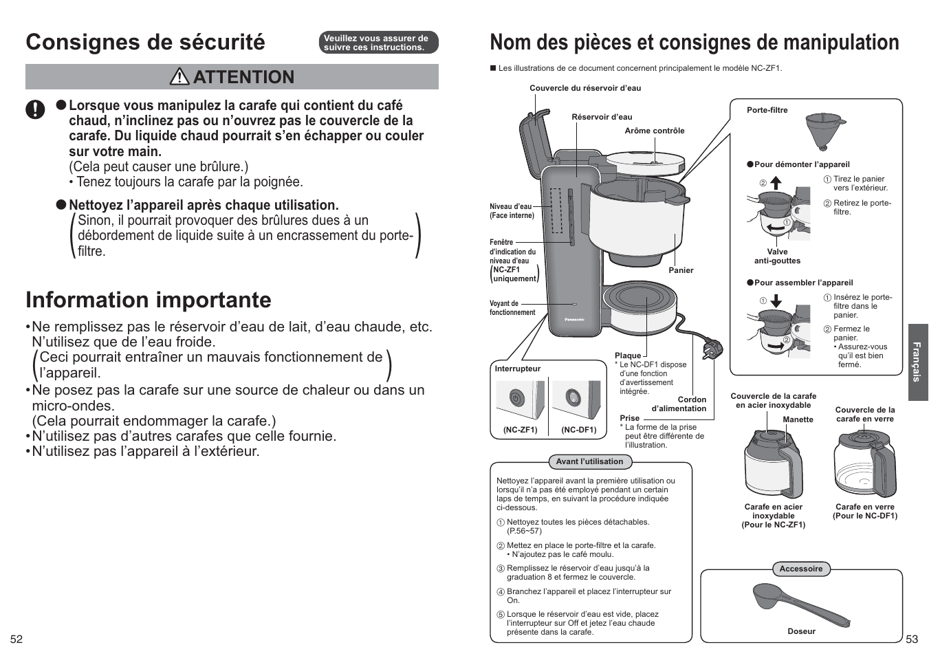 Nom des pièces et consignes de manipulation, Consignes de sécurité, Information importante | Attention | Panasonic NCZF1 User Manual | Page 27 / 44