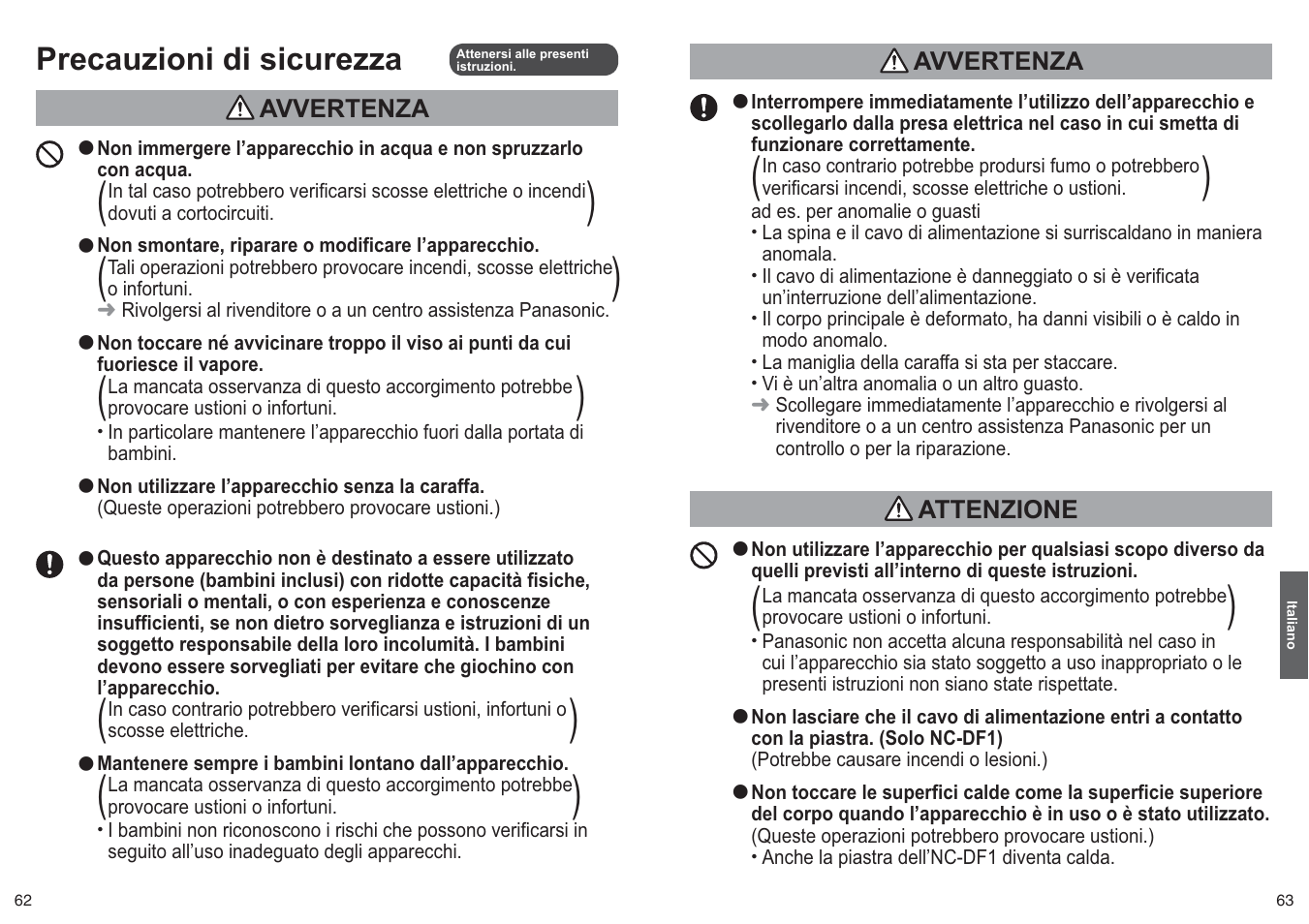 Precauzioni di sicurezza | Panasonic NCZF1 User Manual | Page 32 / 44
