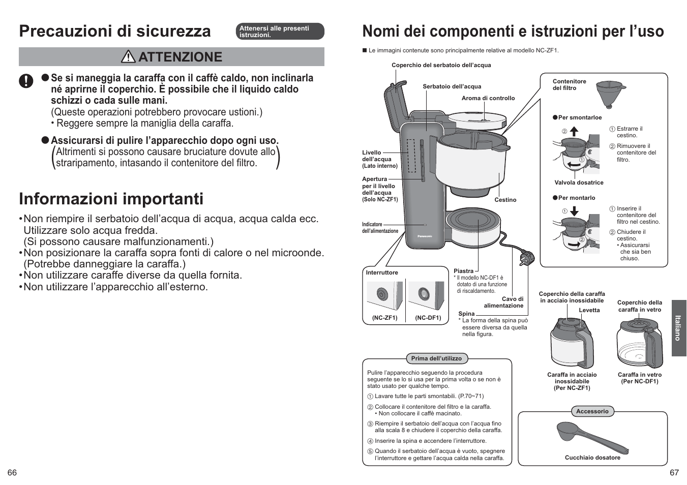 Nomi dei componenti e istruzioni per l’uso, Precauzioni di sicurezza, Informazioni importanti | Attenzione, Assicurarsi di pulire l’apparecchio dopo ogni uso | Panasonic NCZF1 User Manual | Page 34 / 44