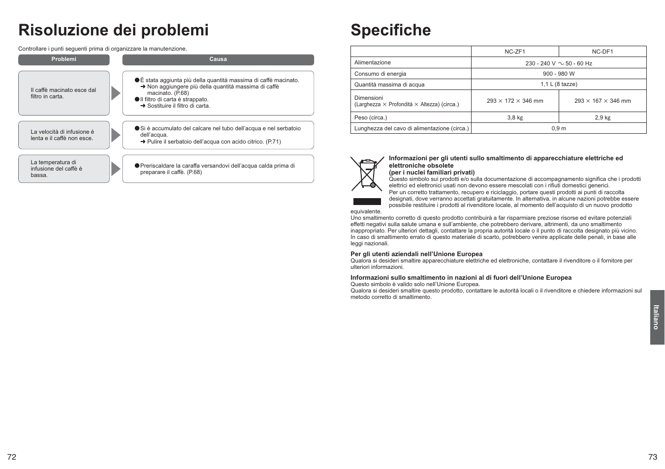 Risoluzione dei problemi, Specifiche | Panasonic NCZF1 User Manual | Page 37 / 44