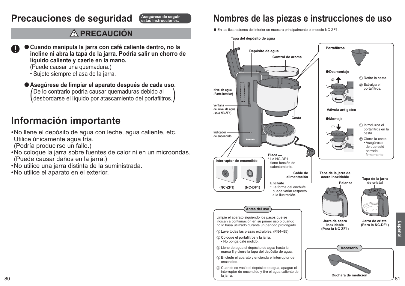 Nombres de las piezas e instrucciones de uso, Información importante, Precauciones de seguridad | Precaución | Panasonic NCZF1 User Manual | Page 41 / 44