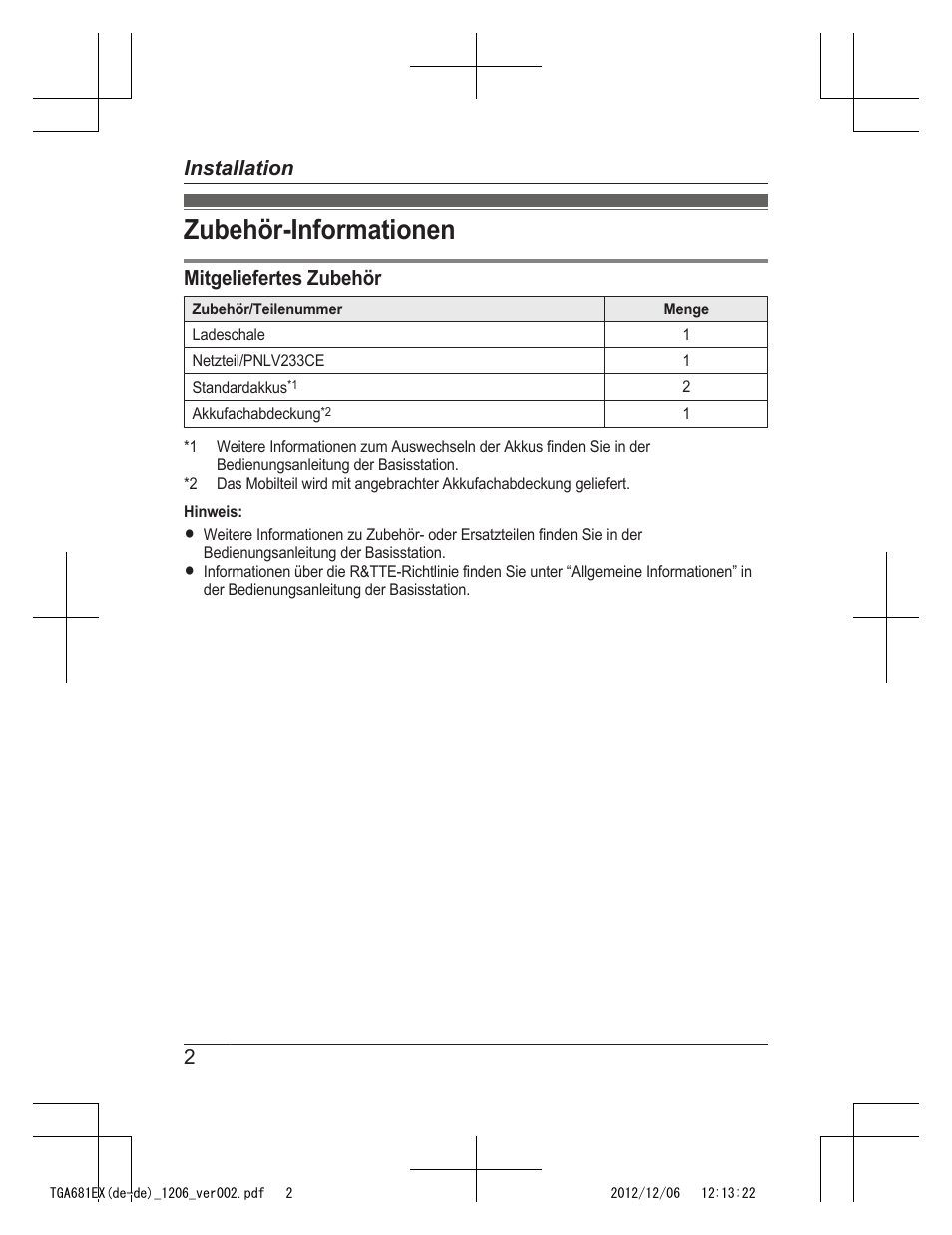 Installation, Zubehör-informationen, Mitgeliefertes zubehör | 2installation | Panasonic KXTGA785EX User Manual | Page 10 / 112