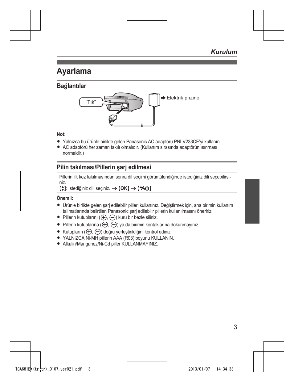 Ayarlama | Panasonic KXTGA785EX User Manual | Page 101 / 112