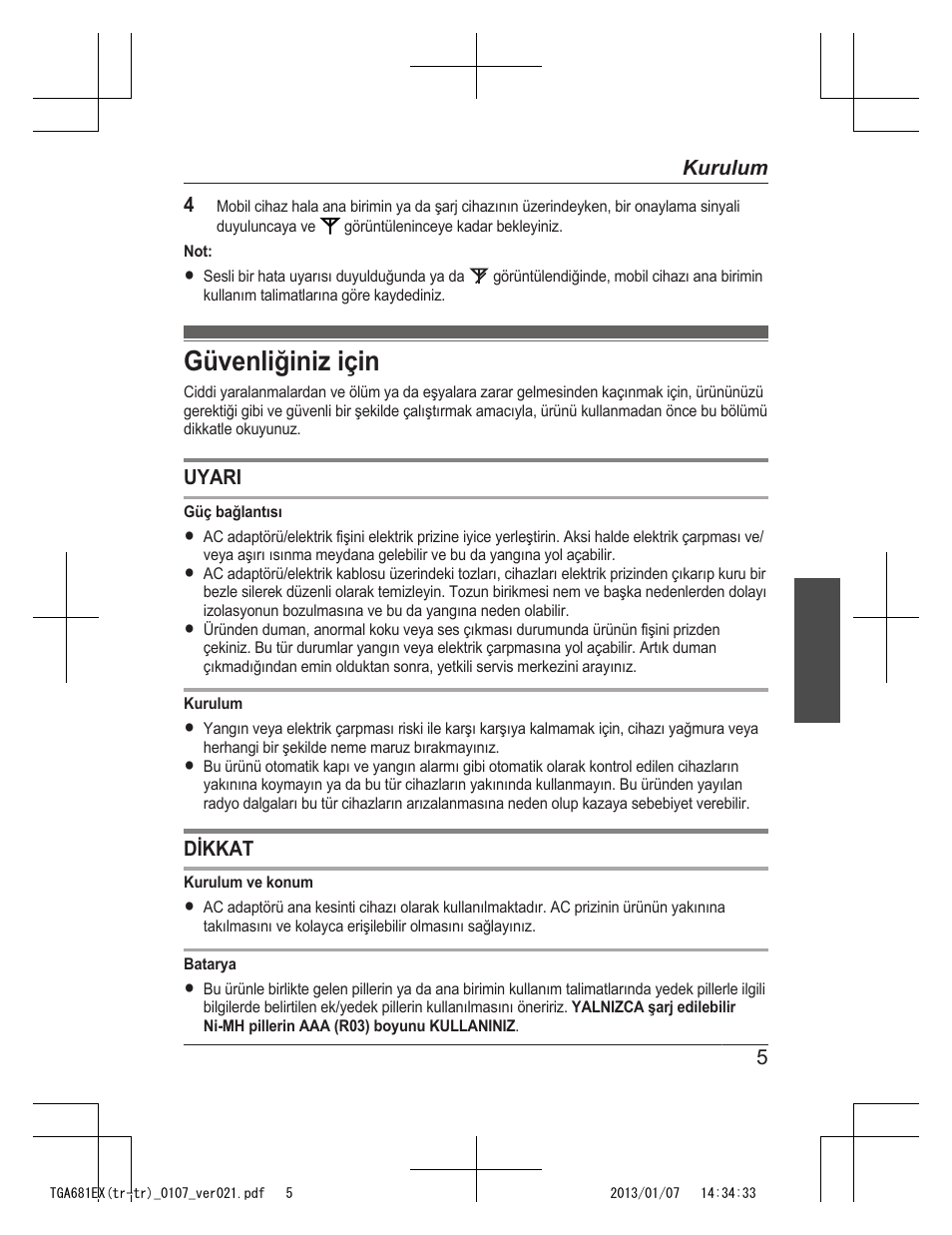 Güvenliğiniz için | Panasonic KXTGA785EX User Manual | Page 103 / 112