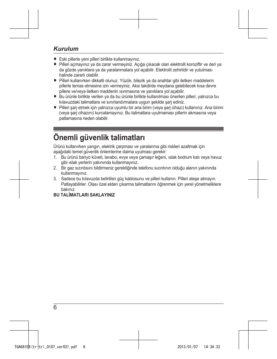 Önemli güvenlik talimatları | Panasonic KXTGA785EX User Manual | Page 104 / 112