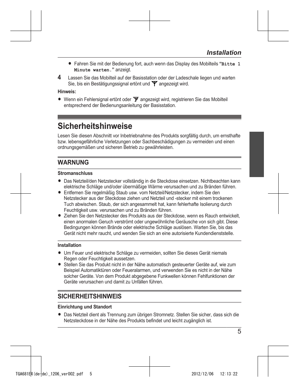 Sicherheitshinweise | Panasonic KXTGA785EX User Manual | Page 13 / 112