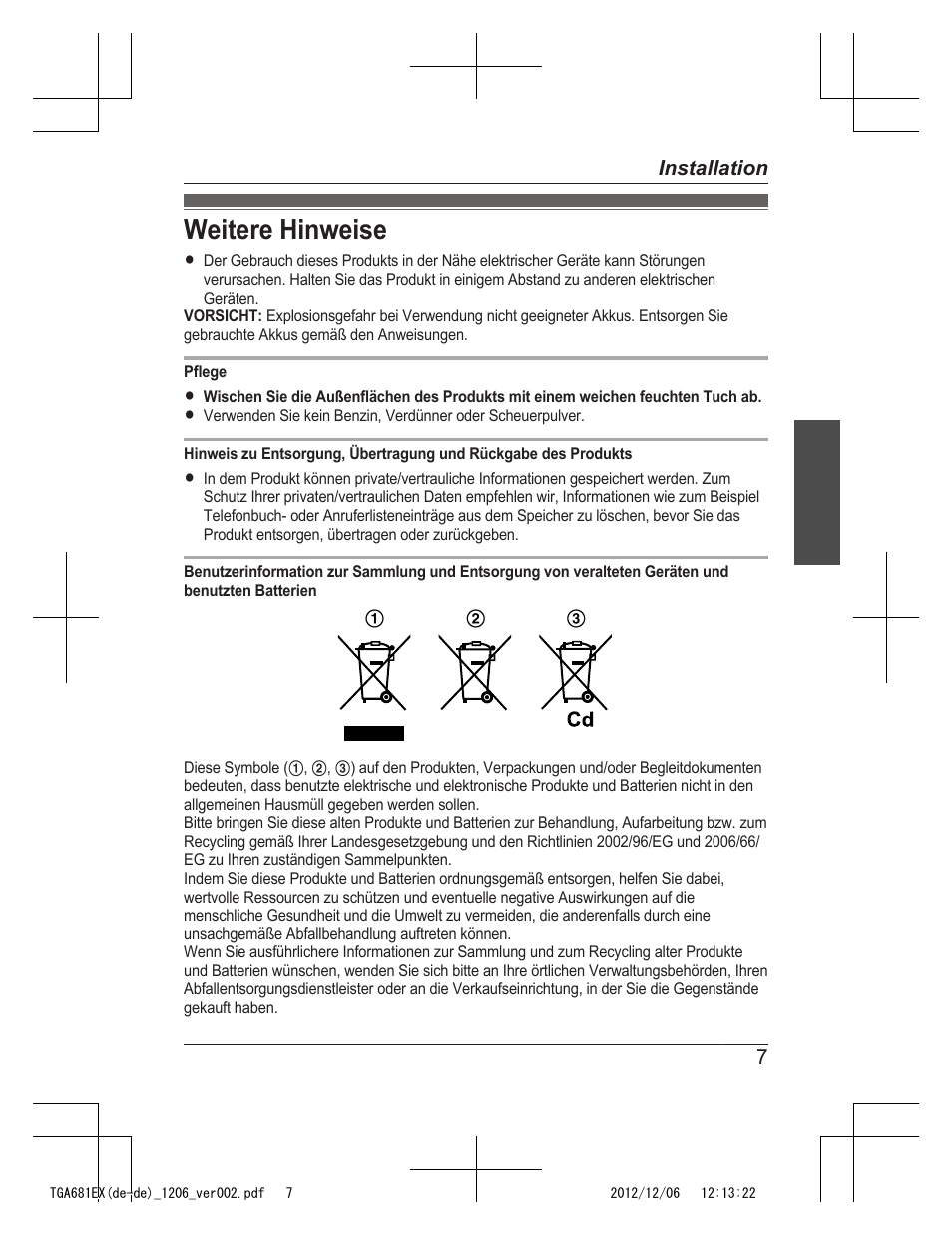 Weitere hinweise | Panasonic KXTGA785EX User Manual | Page 15 / 112