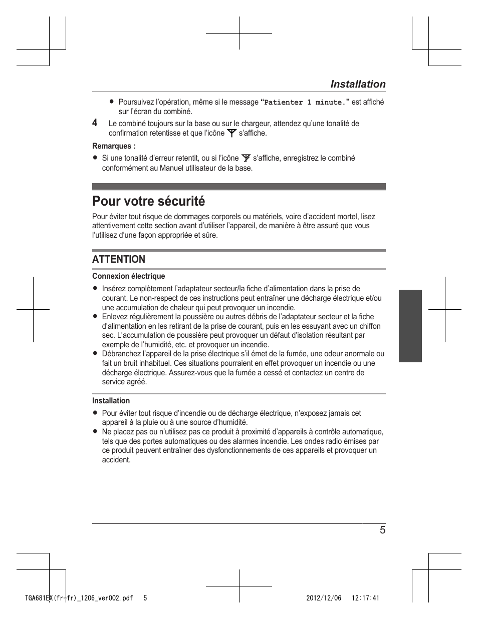 Pour votre sécurité | Panasonic KXTGA785EX User Manual | Page 21 / 112