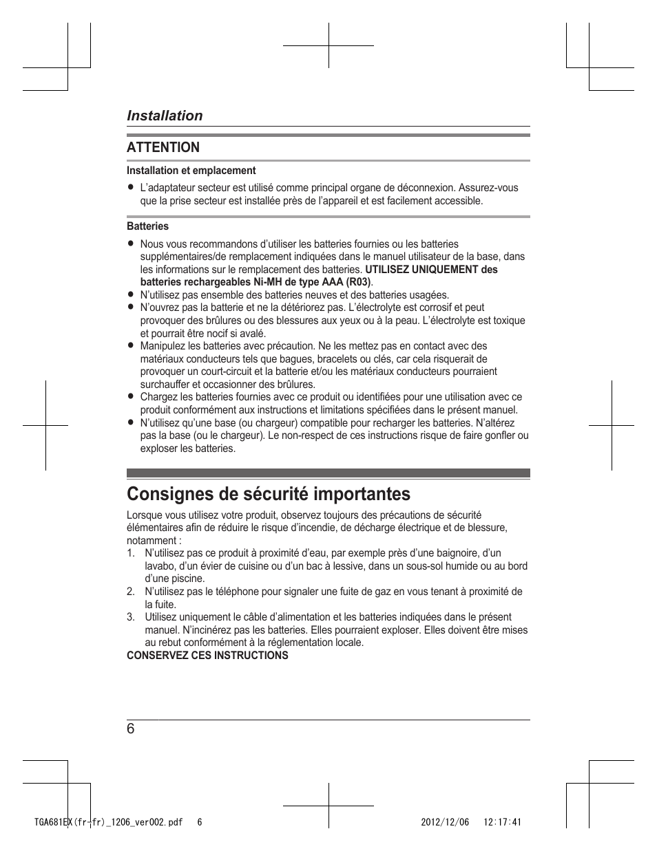 Consignes de sécurité importantes | Panasonic KXTGA785EX User Manual | Page 22 / 112