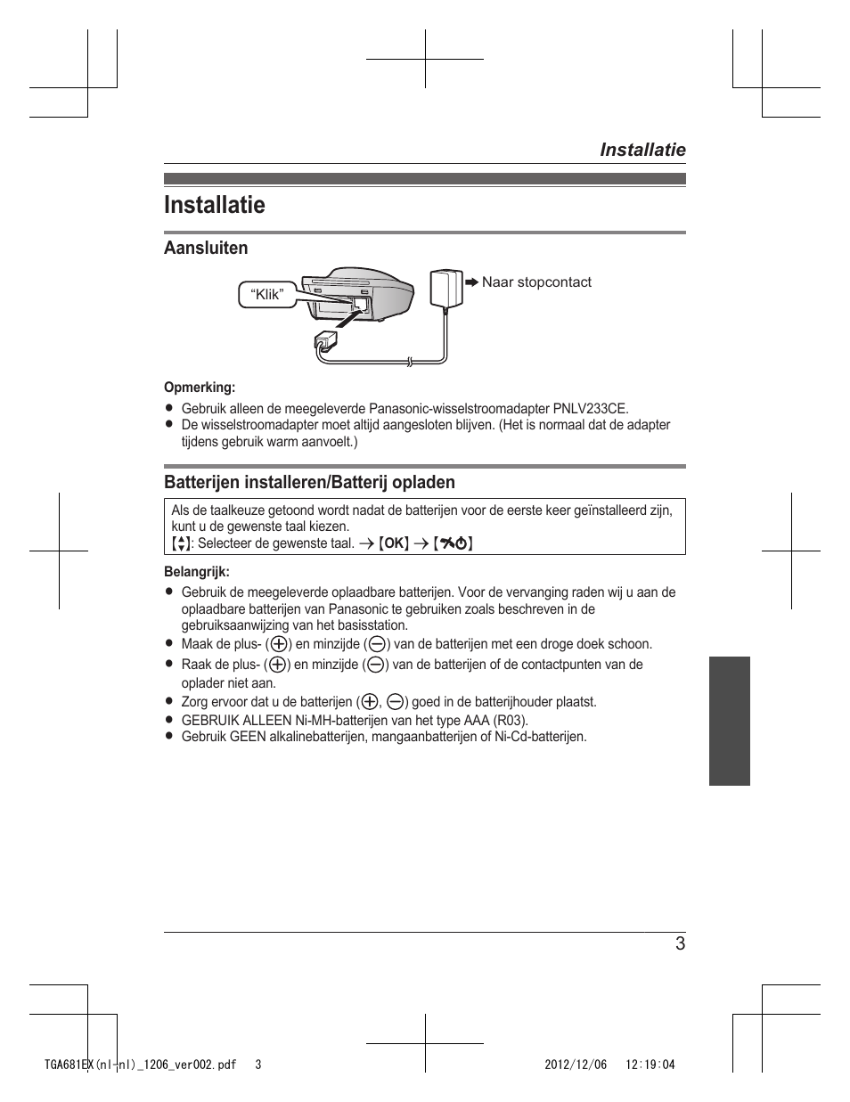 Installatie | Panasonic KXTGA785EX User Manual | Page 27 / 112