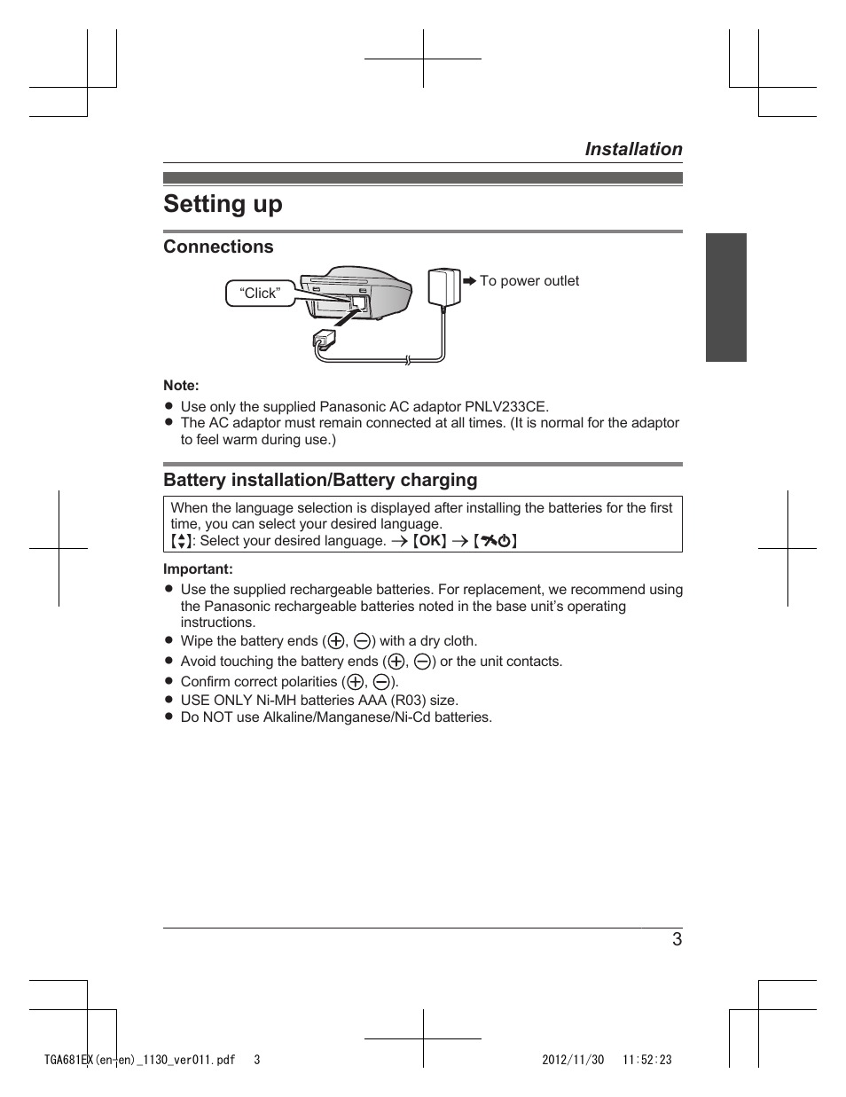 Setting up | Panasonic KXTGA785EX User Manual | Page 3 / 112