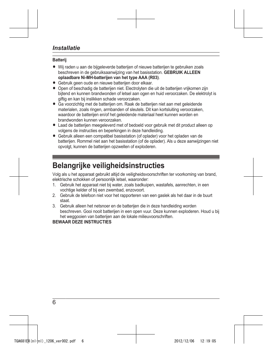 Belangrijke veiligheidsinstructies | Panasonic KXTGA785EX User Manual | Page 30 / 112