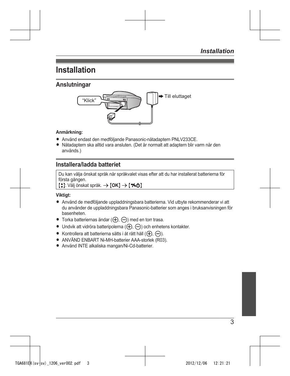 Installation | Panasonic KXTGA785EX User Manual | Page 35 / 112