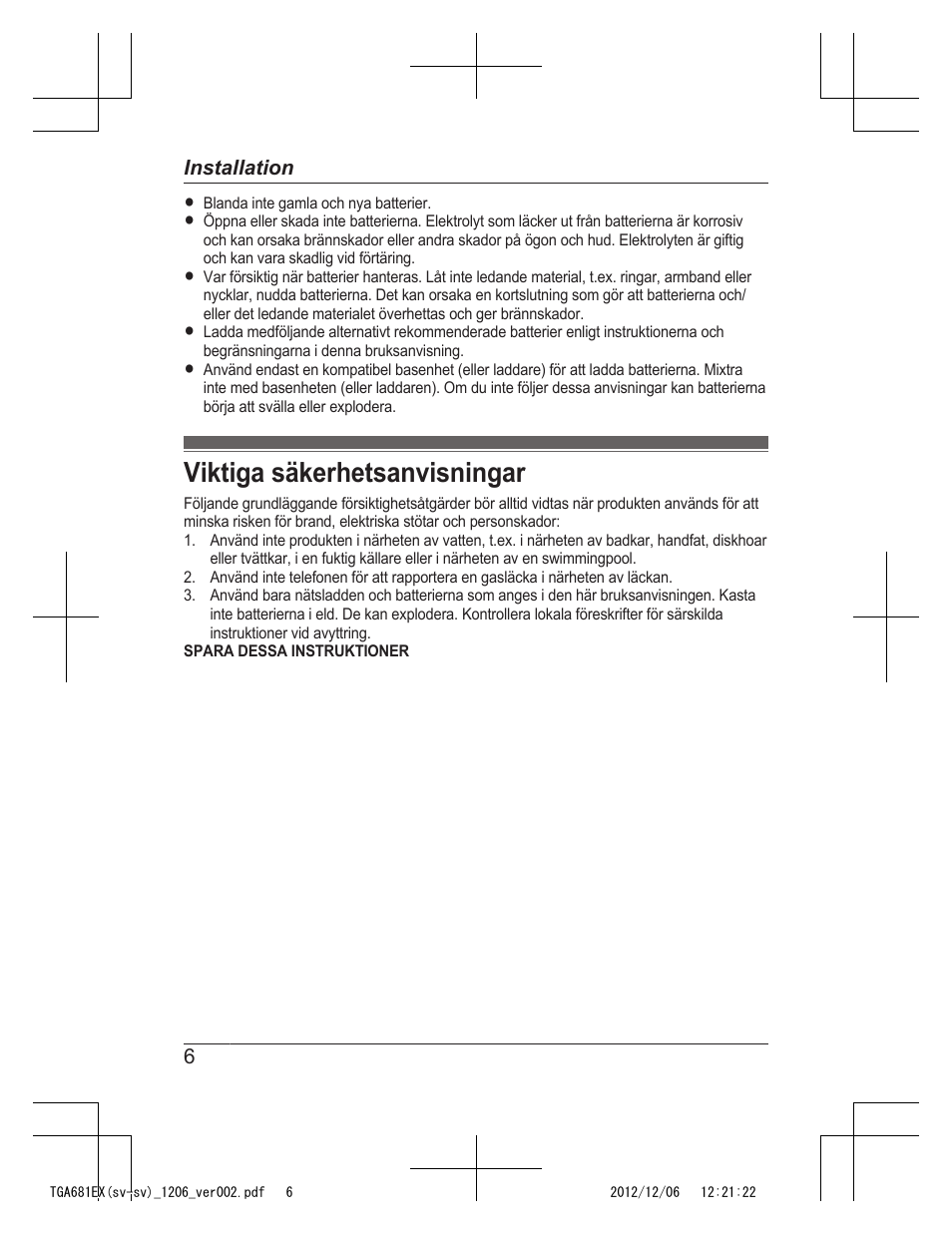 Viktiga säkerhetsanvisningar | Panasonic KXTGA785EX User Manual | Page 38 / 112