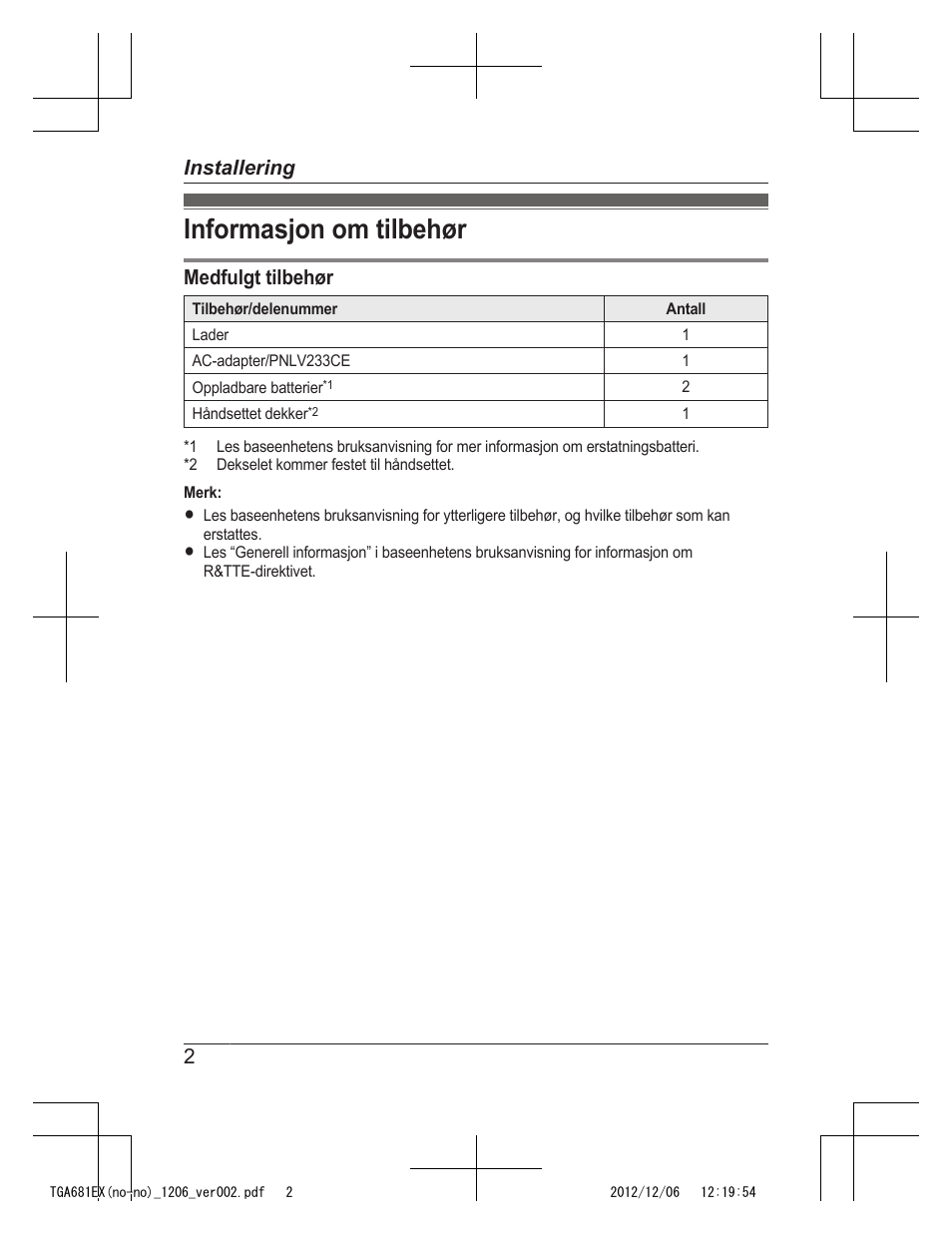 Installering, Informasjon om tilbehør, Medfulgt tilbehør | 2installering | Panasonic KXTGA785EX User Manual | Page 42 / 112