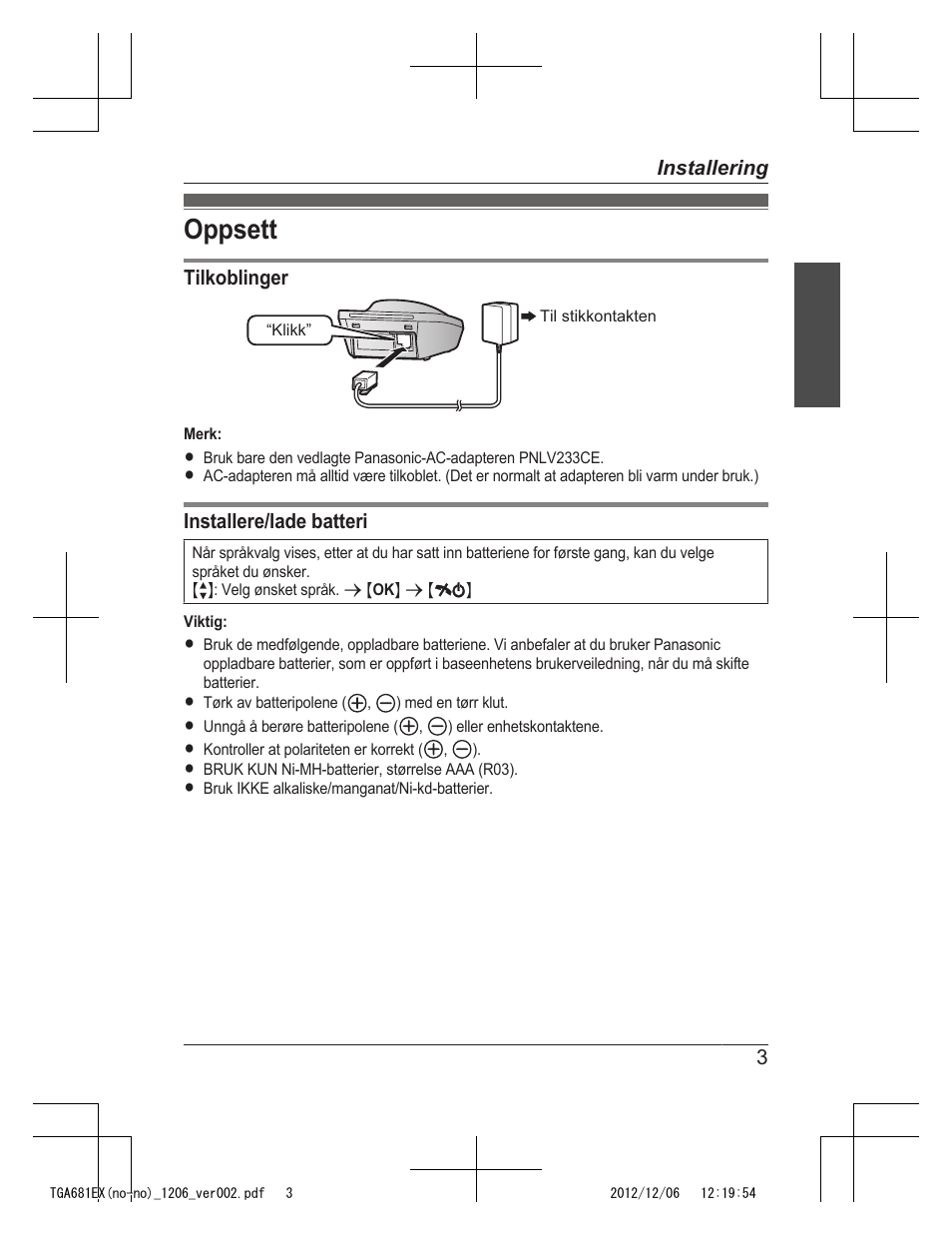 Oppsett | Panasonic KXTGA785EX User Manual | Page 43 / 112