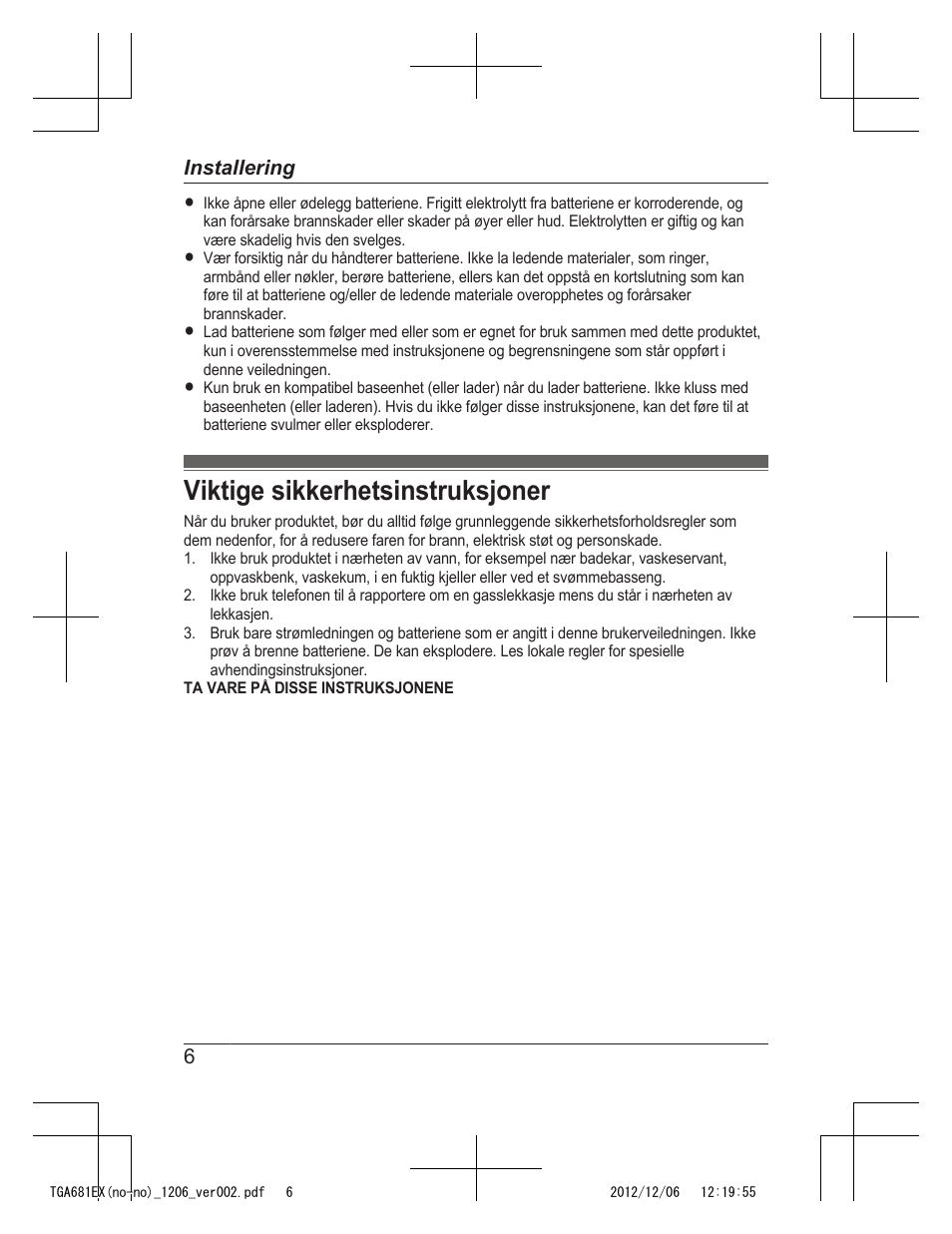 Viktige sikkerhetsinstruksjoner | Panasonic KXTGA785EX User Manual | Page 46 / 112