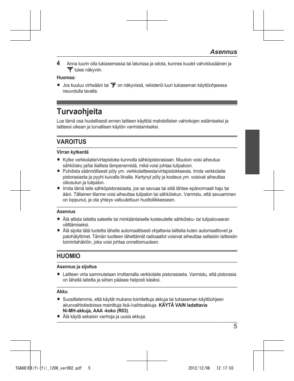 Turvaohjeita | Panasonic KXTGA785EX User Manual | Page 53 / 112