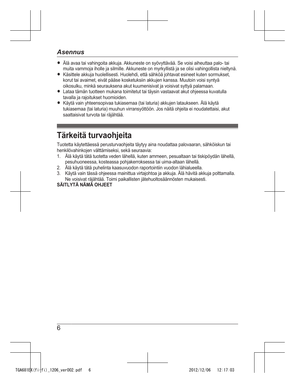 Tärkeitä turvaohjeita | Panasonic KXTGA785EX User Manual | Page 54 / 112