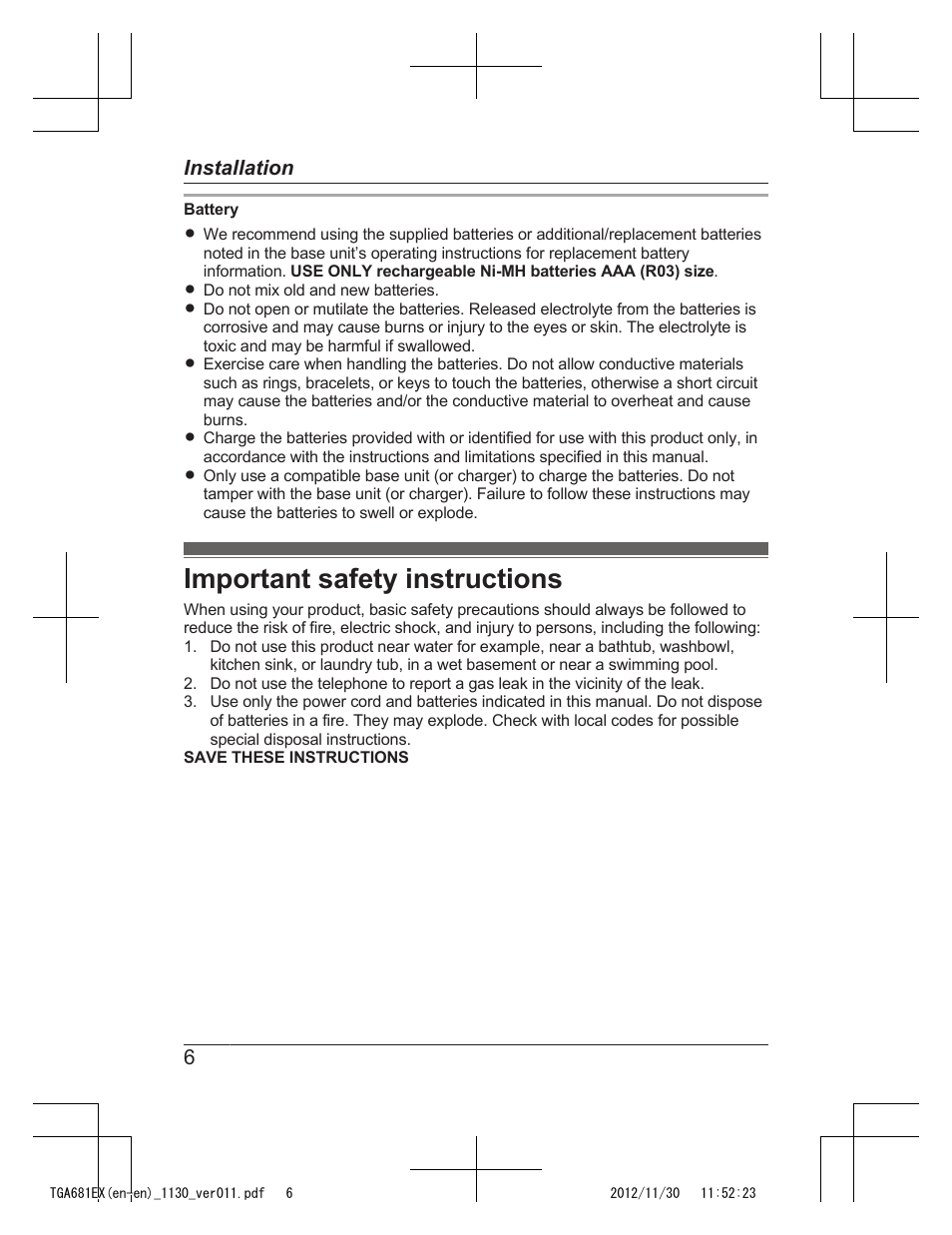 Important safety instructions | Panasonic KXTGA785EX User Manual | Page 6 / 112