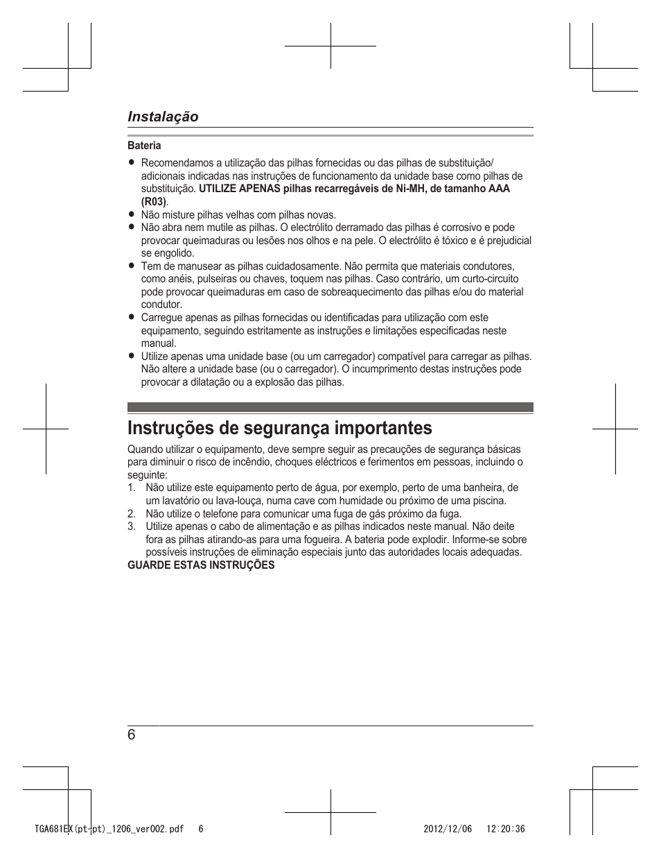 Instruções de segurança importantes | Panasonic KXTGA785EX User Manual | Page 62 / 112