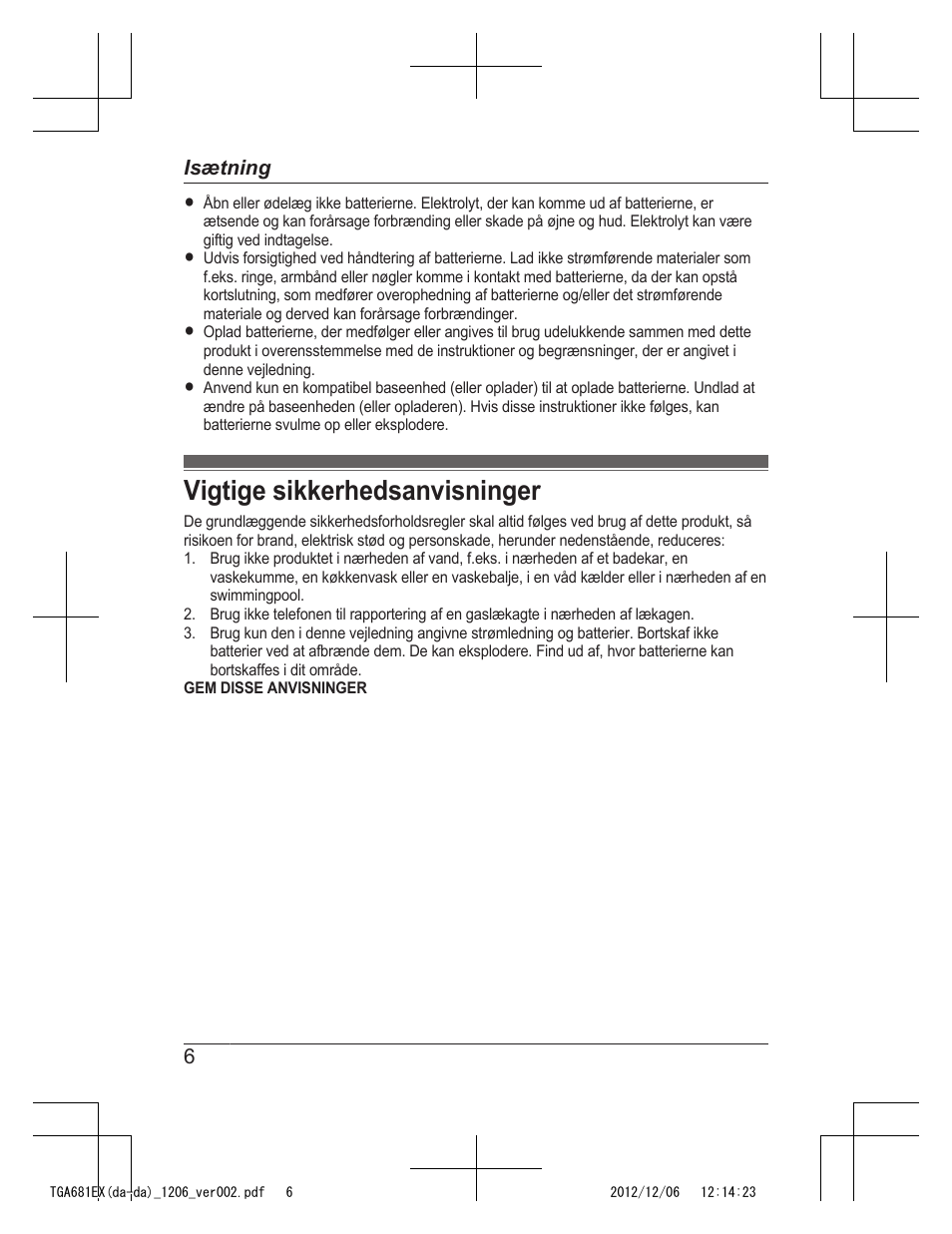 Vigtige sikkerhedsanvisninger | Panasonic KXTGA785EX User Manual | Page 78 / 112