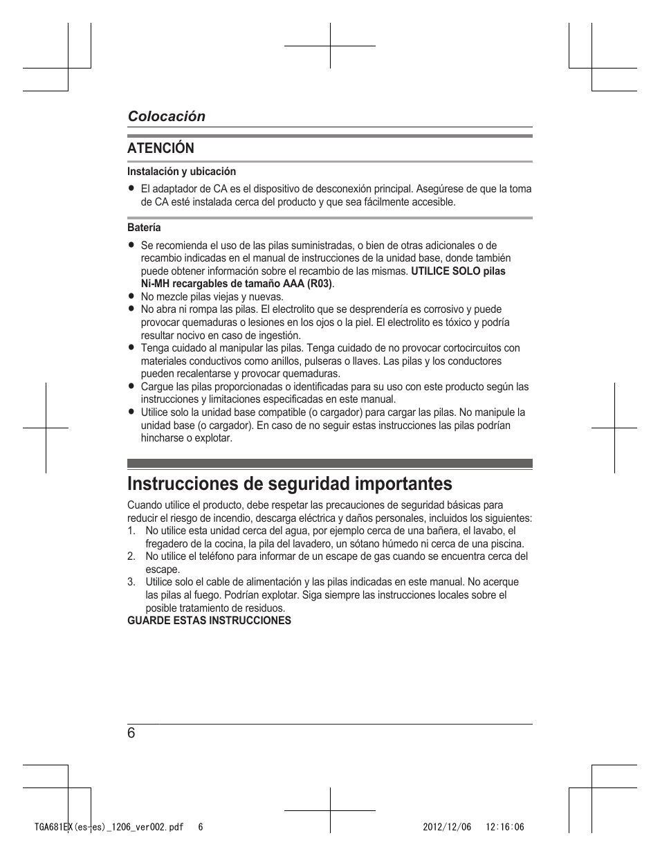Instrucciones de seguridad importantes | Panasonic KXTGA785EX User Manual | Page 86 / 112