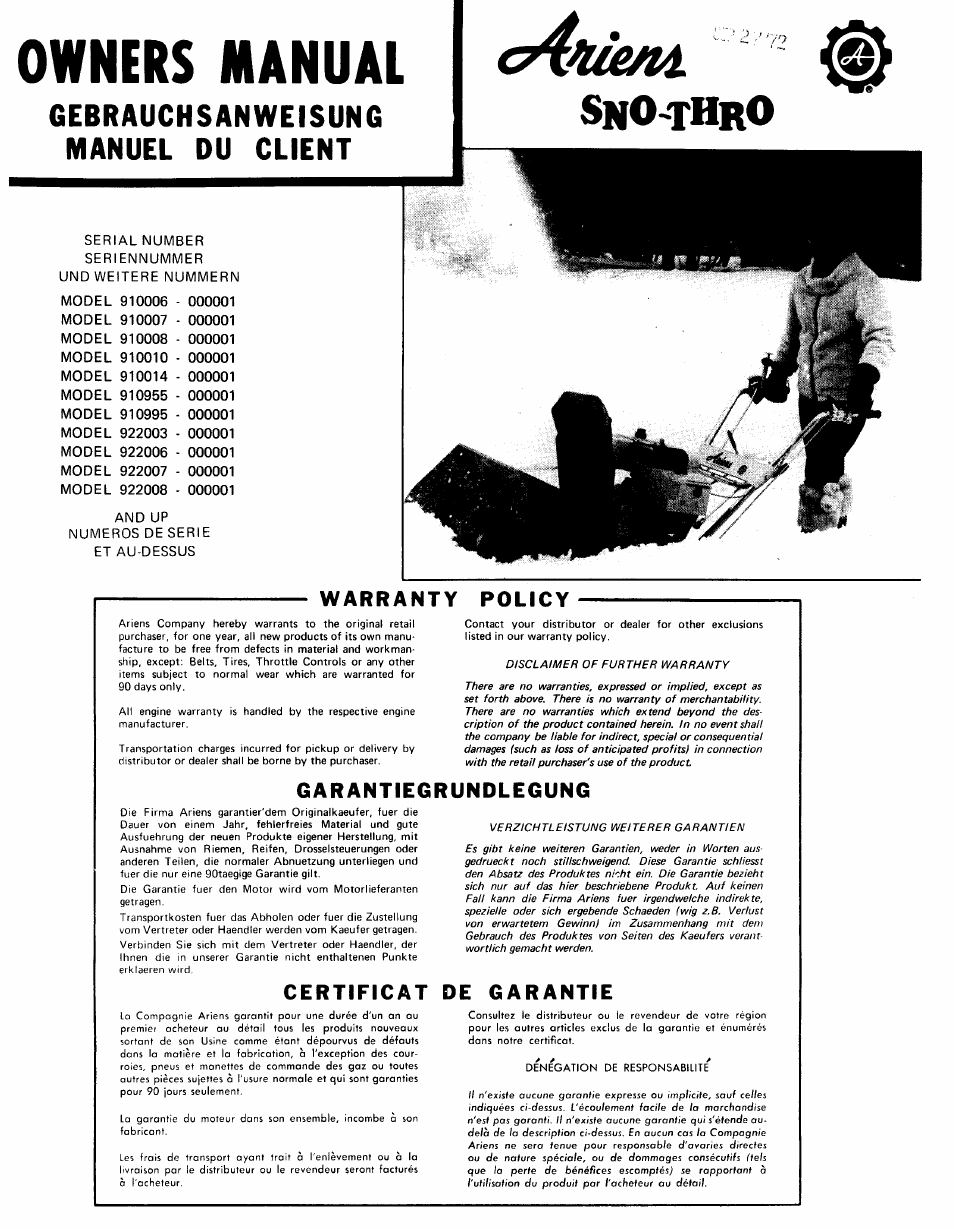 Ariens SNO- THRO 922008 User Manual | 8 pages