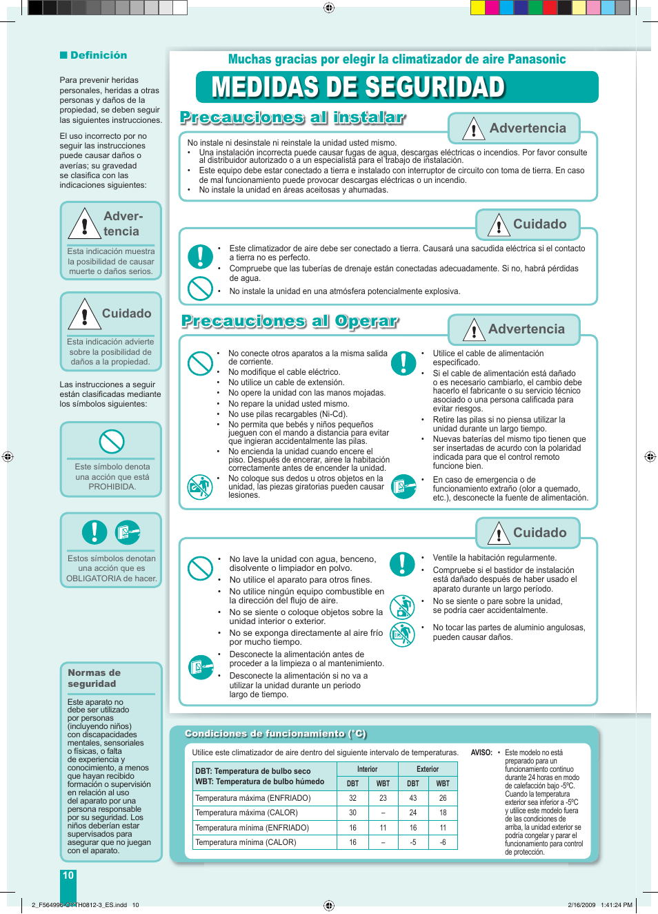 Medidas de seguridad, Precauciones al instalar, Advertencia cuidado advertencia | Adver- tencia, Cuidado | Panasonic CUE18DBE User Manual | Page 10 / 60